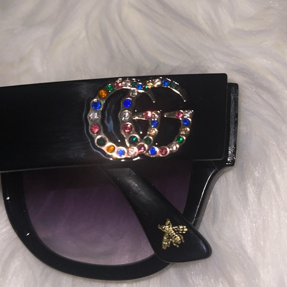 Black Semi Cat Eye Sunglasses with Purple Lenses - Rhinestones & Gold Emblems - Picture 9 of 10